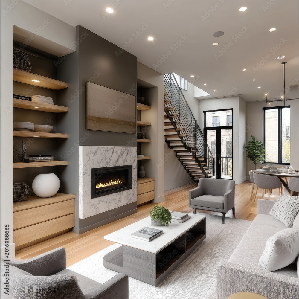 Obraz premium Modern living room with fireplace, gray armchairs, wooden shelves, marble accents, large windows, open kitchen, and natural light