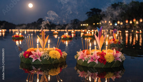 Magical Loy Krathong Festival Night with Floating Candle Lanterns on River