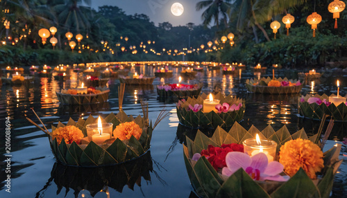 Magical Loy Krathong Festival Night with Floating Candle Lanterns on River
