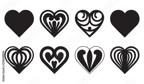 Heart shape silhouette vector icon set with decorative swirls and creative patterns for love design