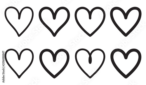 Heart icons set with black hand drawn outlines for valentine design on white background
