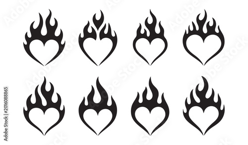 Heart flame silhouette vector icon set isolated on white background for tattoo and logo design