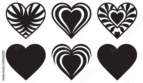Heart silhouette icons with decorative patterns and tribal styles for valentine and wedding design