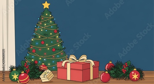 Christmas tree with wrapped red gift box and festive decorations on wooden table