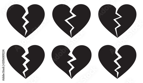 Heart broken silhouette vector icons set for divorce and sadness concepts.