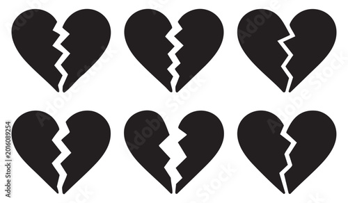  Heart broken silhouette vector icons set for divorce and sadness concepts.