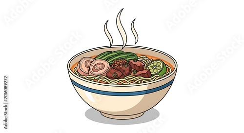 Vector illustration of a hot bowl of noodle soup with meat, vegetables and lime on white background