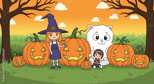 Cartoon illustration of a young witch and white cat standing in a pumpkin patch for Halloween