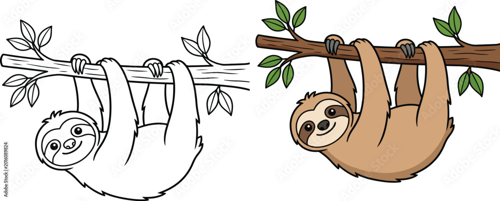 Naklejka premium Cute cartoon sloth hanging from a tree branch in a forest