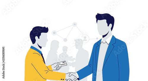 Business handshake with connection network, exchange of cards, teamwork concept
