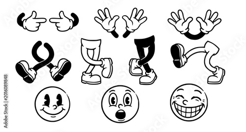 Retro rubber hose cartoon body parts set with gloved hands bendy legs and vintage faces isolated vector