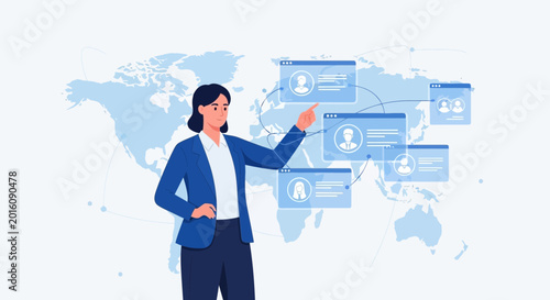 Businesswoman points to global network of profiles on world map