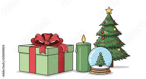 Vector illustration of a green gift box, candle, snow globe, and decorated Christmas tree on white background.