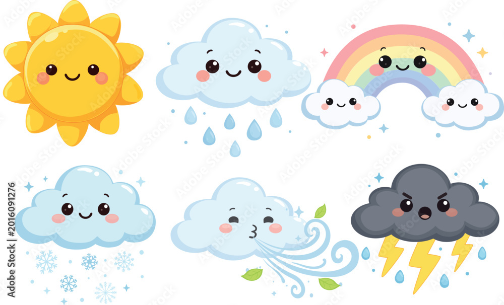 Obraz premium Set of cute kawaii weather icons: sun, cloud with rain, rainbow, snow, wind and thunderstorm. Adorable cartoon characters for kids apps, forecasts, stickers, educational games and children design.