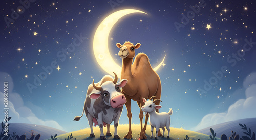 A camel cow and goat stand together under a crescent moon and starry night sky celebrating Eid al-Adha.