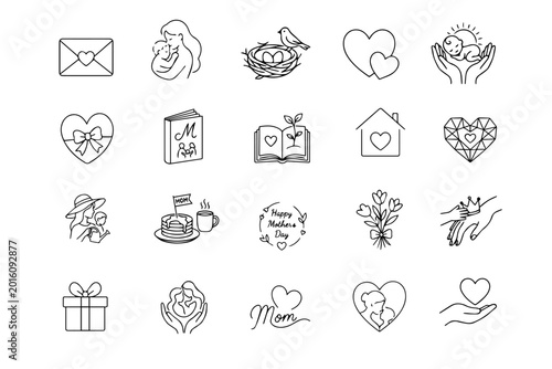 Minimalist Mother's Day Line Icons Set - Black Outline Vector Collection