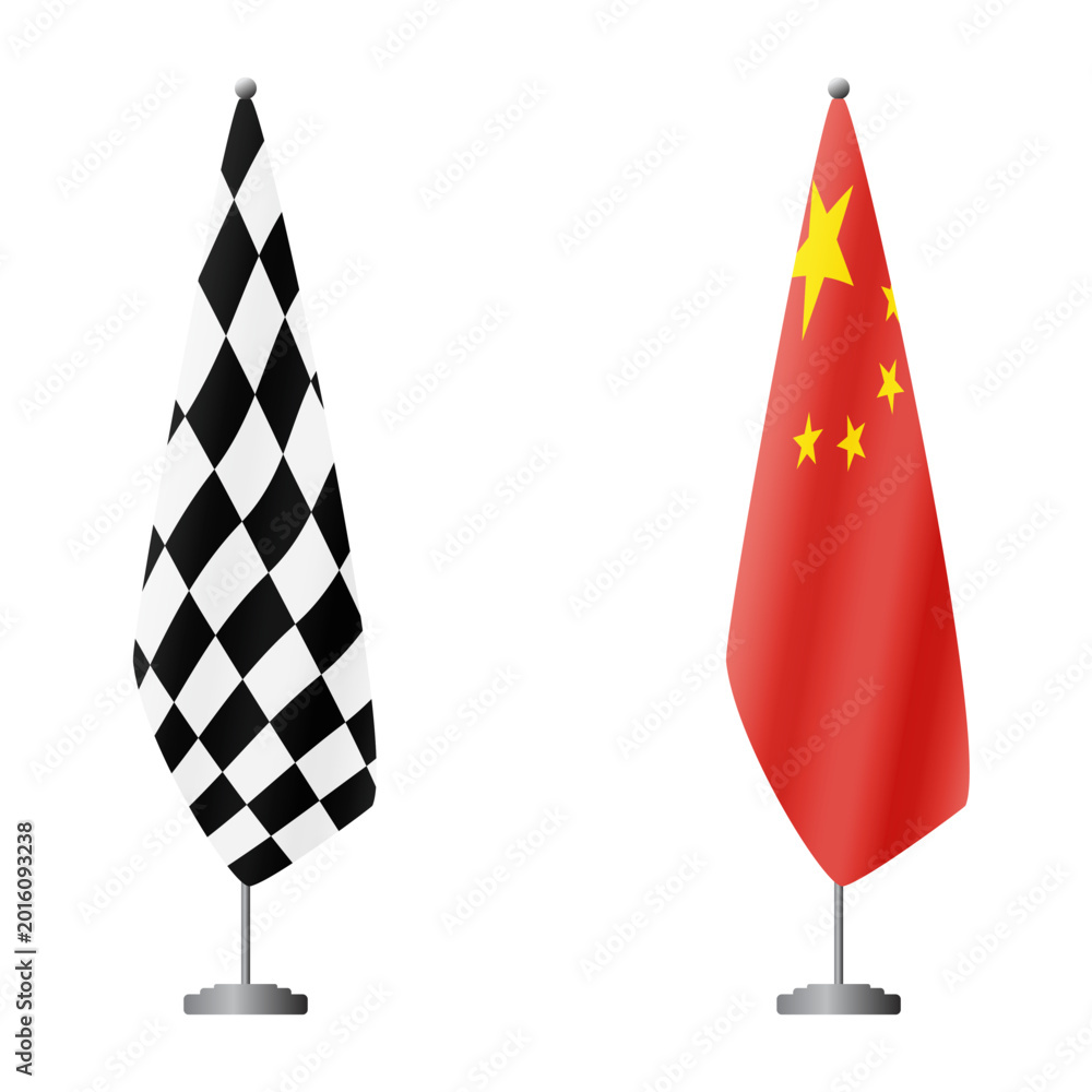 Fototapeta premium Checkered and China flags on flagpoles for official ceremonies and meetings, transparent background vector