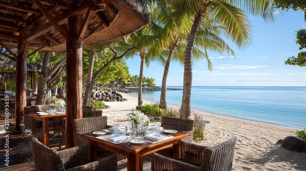 Fototapeta premium A beachside restaurant with palm trees and tables set for dining by the ocean
