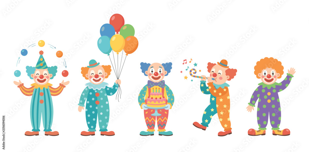 Obraz premium Five happy cartoon clowns performing various circus activities, including juggling, holding balloons, carrying a cake, blowing a party horn, and waving cheerfully.