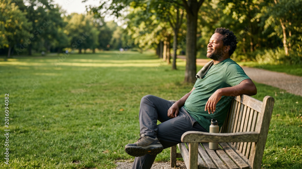 Obraz premium Young man sitting alone on a park bench using his phone on a summer day