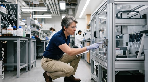Medium shot of a lab safety officer examining machine guarding features and interlock systems on laboratory automation devices.