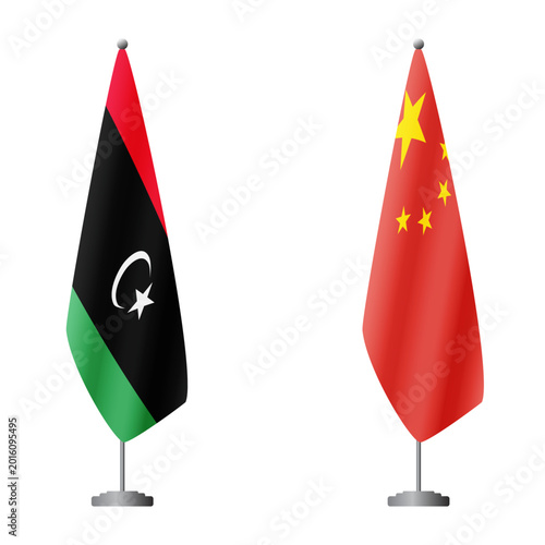 Foto Libya and China flags on flagpoles for official ceremonies and meetings, transpa