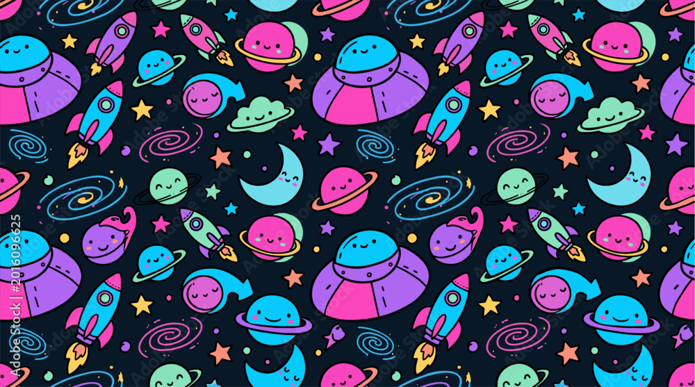 Naklejka premium Cute Space Doodle Pattern