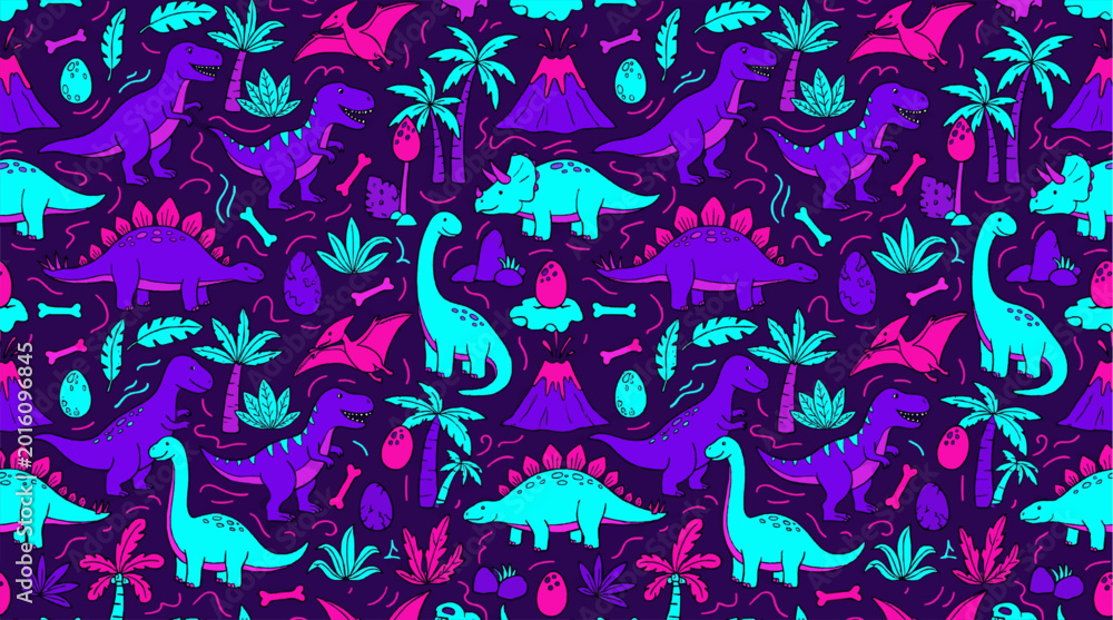 Fototapeta premium Neon Dinosaur Jungle Pattern
