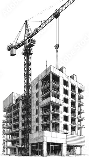 Create a realistic Building crane and building under construction vector art with white background..