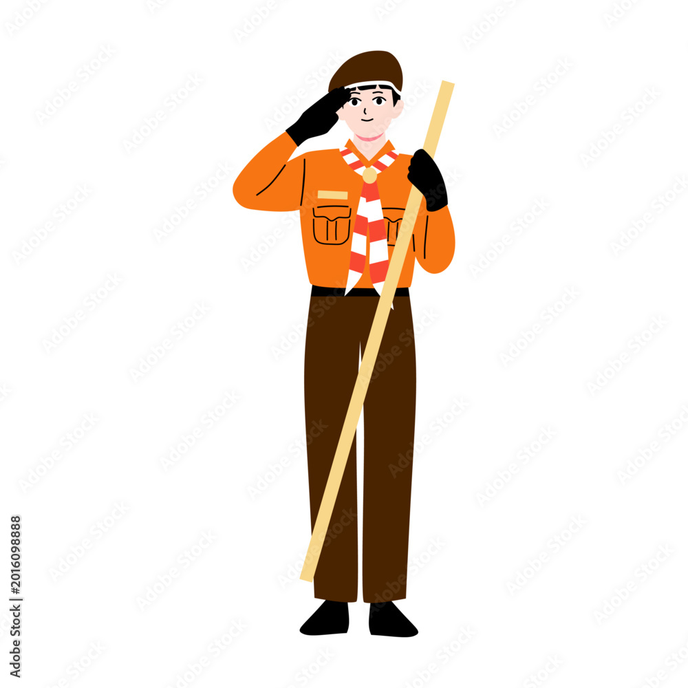 Fototapeta premium Scout Boy Saluting Flat Cartoon Illustration in Uniform Holding Staff Stick