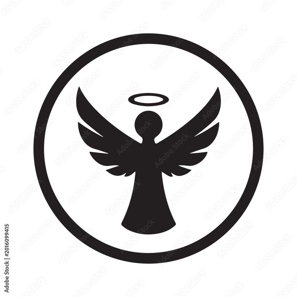 Naklejka premium Black angel silhouette icon with wings and halo inside a circle. Representing spirituality, protection, and divine guidance for celestial themes