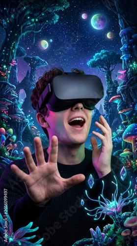Man experiencing virtual reality in an alien world
