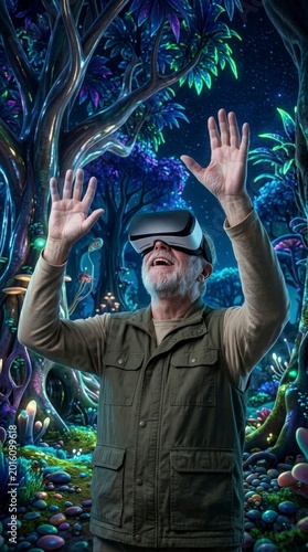 Man wearing VR headset in a magical forest
