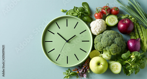 Green clock surrounded by fresh vegetables and fruit. Healthy eating habits and diet planning concept. Daily nutrition routine and time management for balanced organic lifestyle choice.