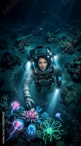 Astronaut exploring underwater shipwreck with jellyfish