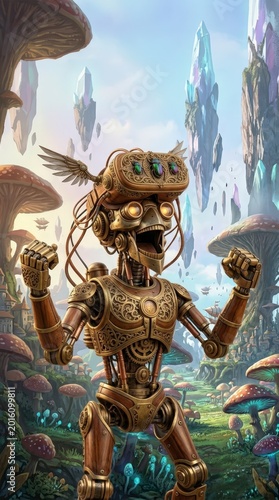 Steampunk robot in a fantasy mushroom forest