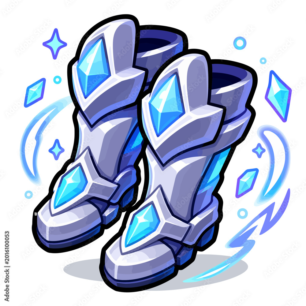 Obraz premium Futuristic boots with blue crystals in cartoon style with magical sparkles in vibrant purple and blue colors for fantasy game design game icon