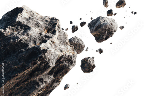Falling or floating asteroids and meteorites isolated on transparent background
