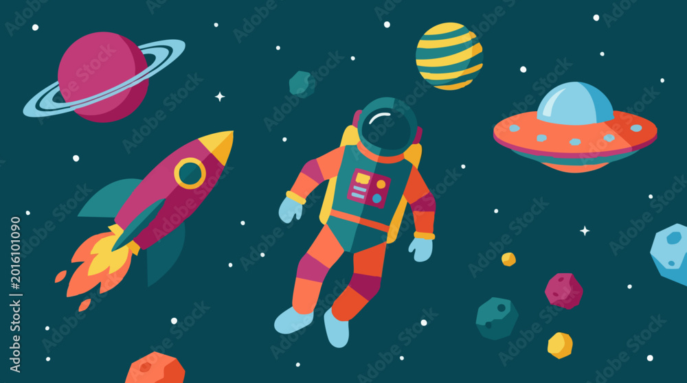 Naklejka premium Flat design illustration of astronaut, rocket, planets, and UFO in outer space