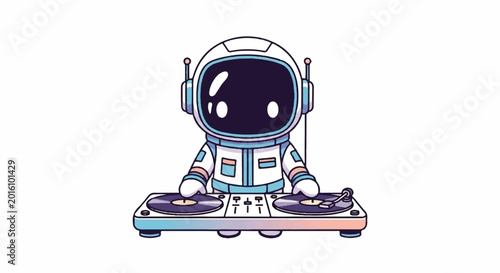 Cute Astronaut DJ Playing Music on Turntables in Space.