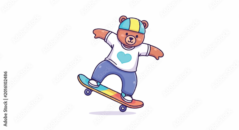 Fototapeta premium Cute Teddy Bear Character Riding a Skateboard.