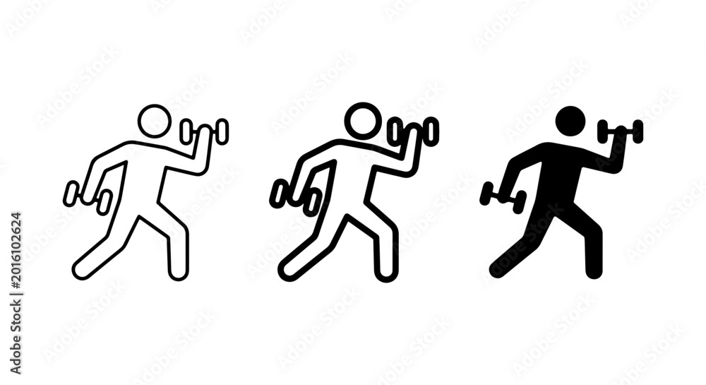 Fototapeta premium Fitness Icon Set: Dumbbell Workout Figures, Silhouette, Outline, Line Art, Exercise, Strength Training, Health