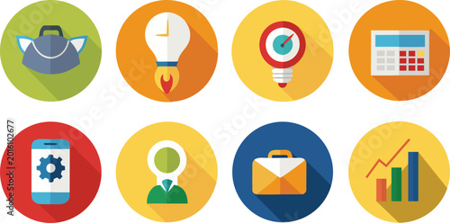 Modern Business Flat Icons Set with Long Shadow Design