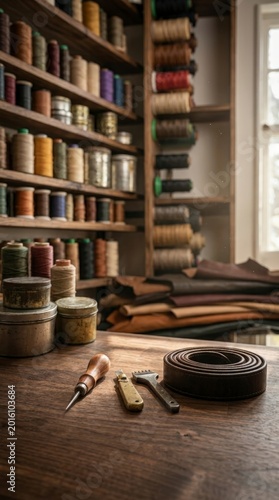Leather crafting tools and supplies in workshop