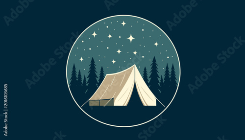 Camping tent under starry night sky in forest.