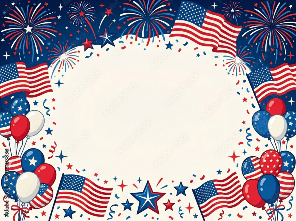 Fototapeta premium USA Independence Day Celebration Background with American Flags Fireworks Balloons and Copy Space