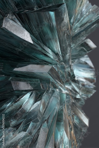 Abstract close-up of sharp, translucent crystal-like structures in cool tones.