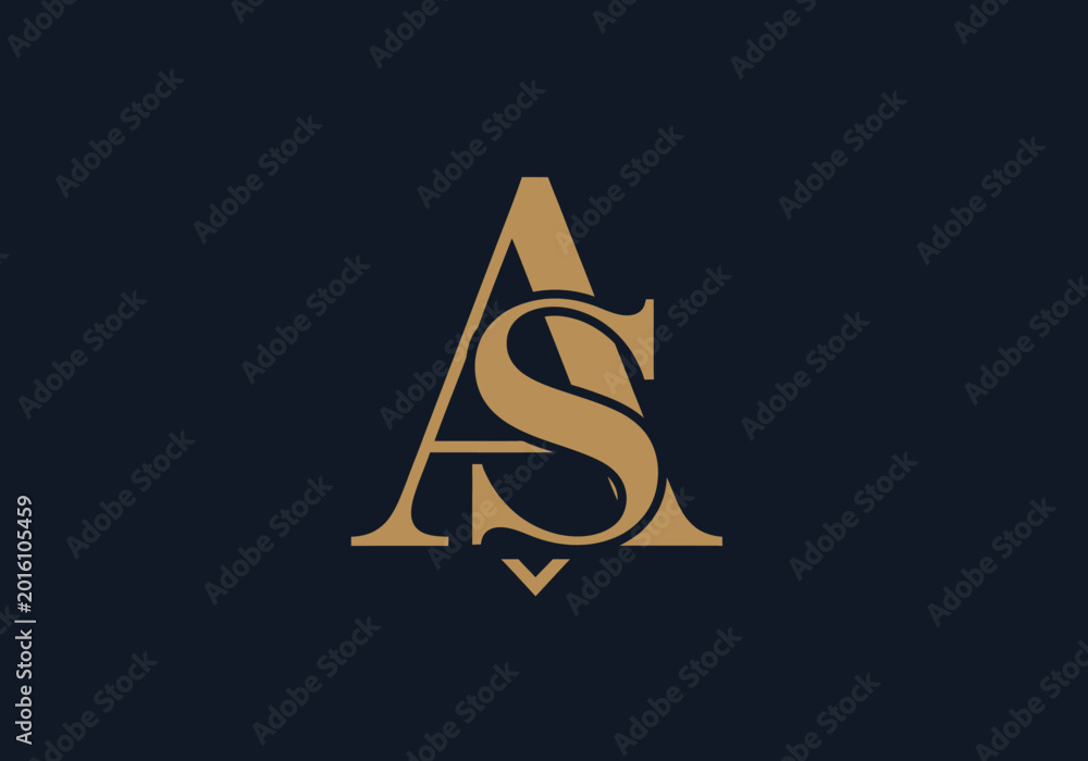 Fototapeta premium Gold intertwined AS monogram logo on dark navy background