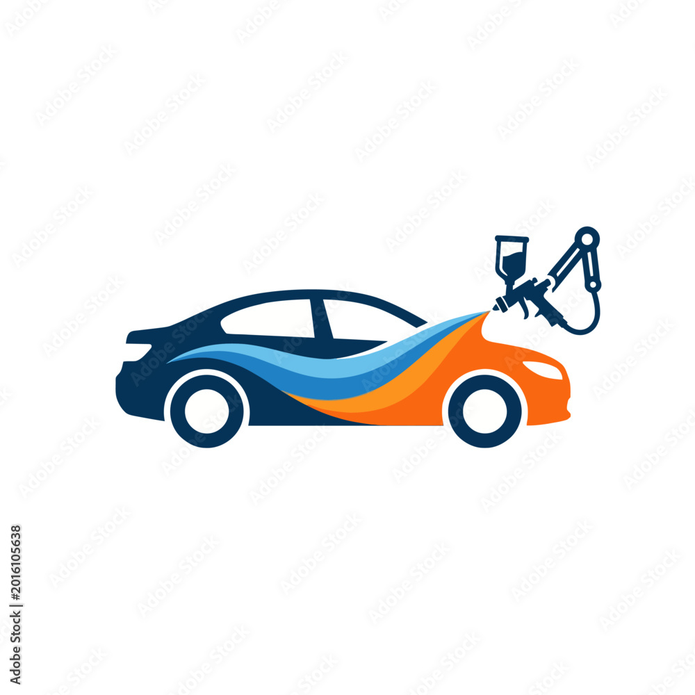 Naklejka premium This image depicts a stylized representation of a car with a spray paint gun, symbolizing a car painting service that emphasizes creativity and professionalism in auto aesthetics.