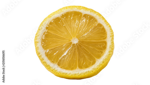 Photos Juicy yellow lemon slice with white pith and textured rind, isolated on transpar